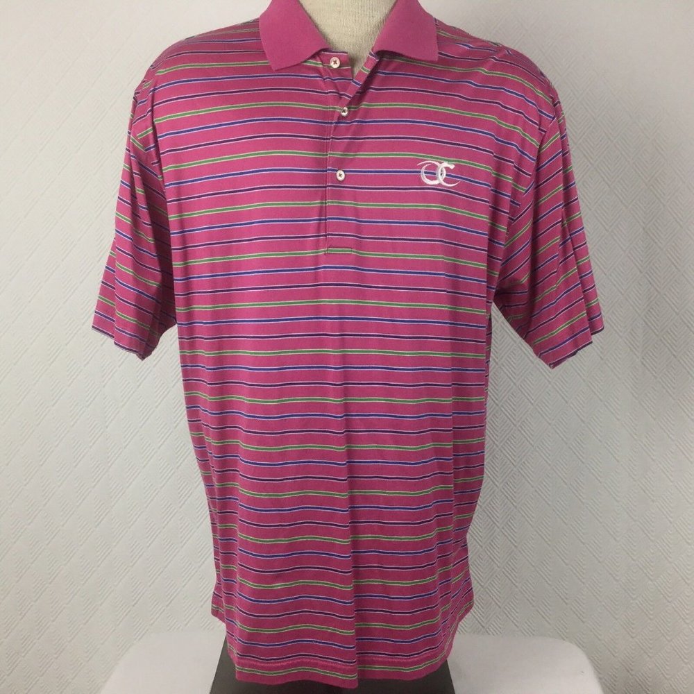 Fairway & Greene Men's Polo Shirt Pink Striped Short Sleeves Cotton Size Medium